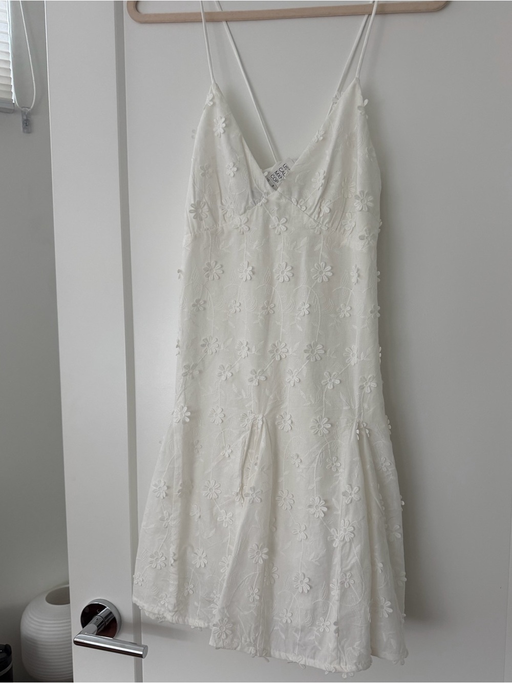 H&M White Floral Embroidered Spaghetti-Strap Dress